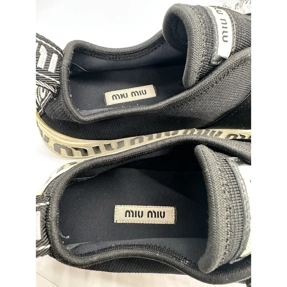 Miu Miu Black Fabric and‎ Satin Crystal Embellished Slip On Sneakers Size 40